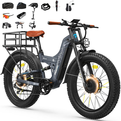 26" Dual Motor Electric Fat Tyre Mountain Bike 48V 30Ah Full Suspension AWD