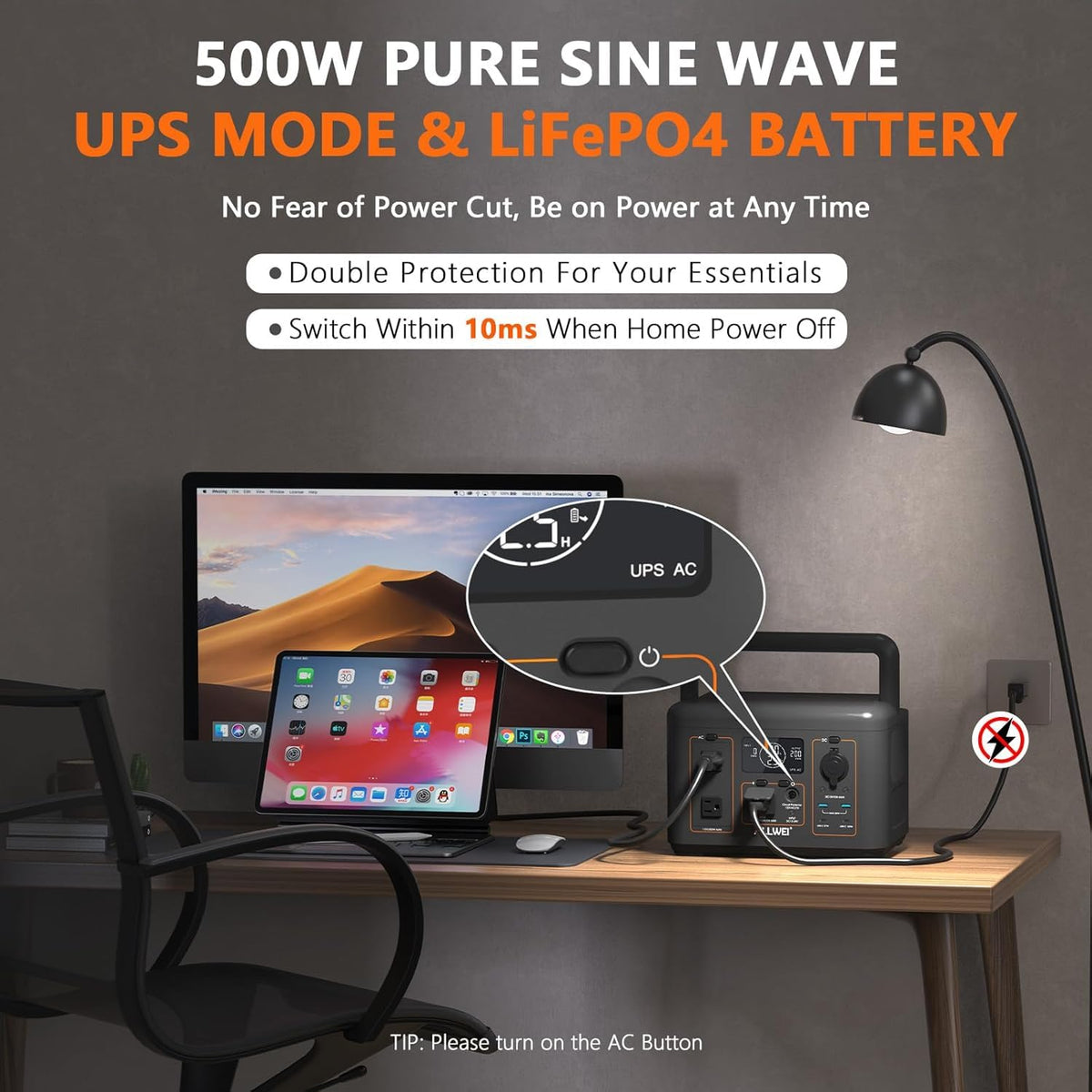 500W 512Wh Portable Power Station with 100W Solar Panel