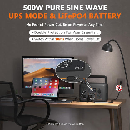 500W 512Wh Portable Power Station with 100W Solar Panel