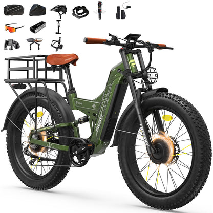 26" Dual Motor Electric Fat Tyre Mountain Bike 48V 30Ah Full Suspension AWD