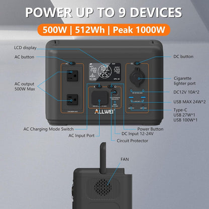 500W 512Wh Portable Power Station with 100W Solar Panel