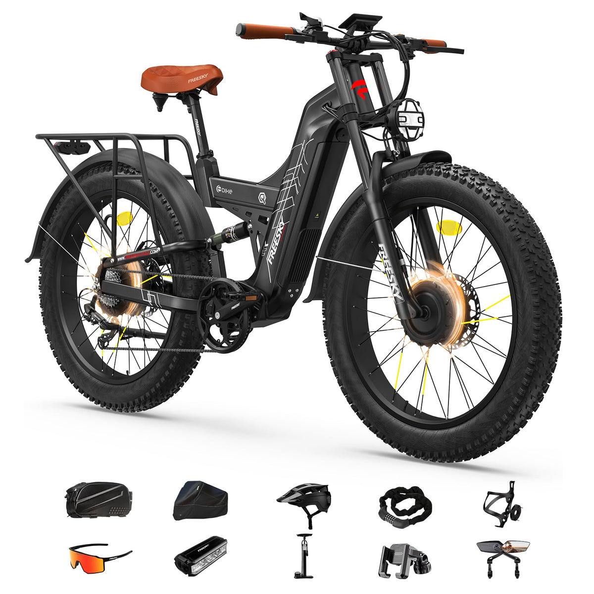 26" Dual Motor Electric Fat Tyre Mountain Bike 48V 30Ah Full Suspension AWD