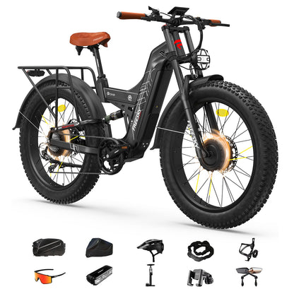 26" Dual Motor Electric Fat Tyre Mountain Bike 48V 30Ah Full Suspension AWD