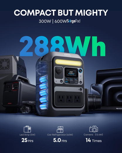 300W Portable Power Station 288Wh LiFePO4 Battery Backup