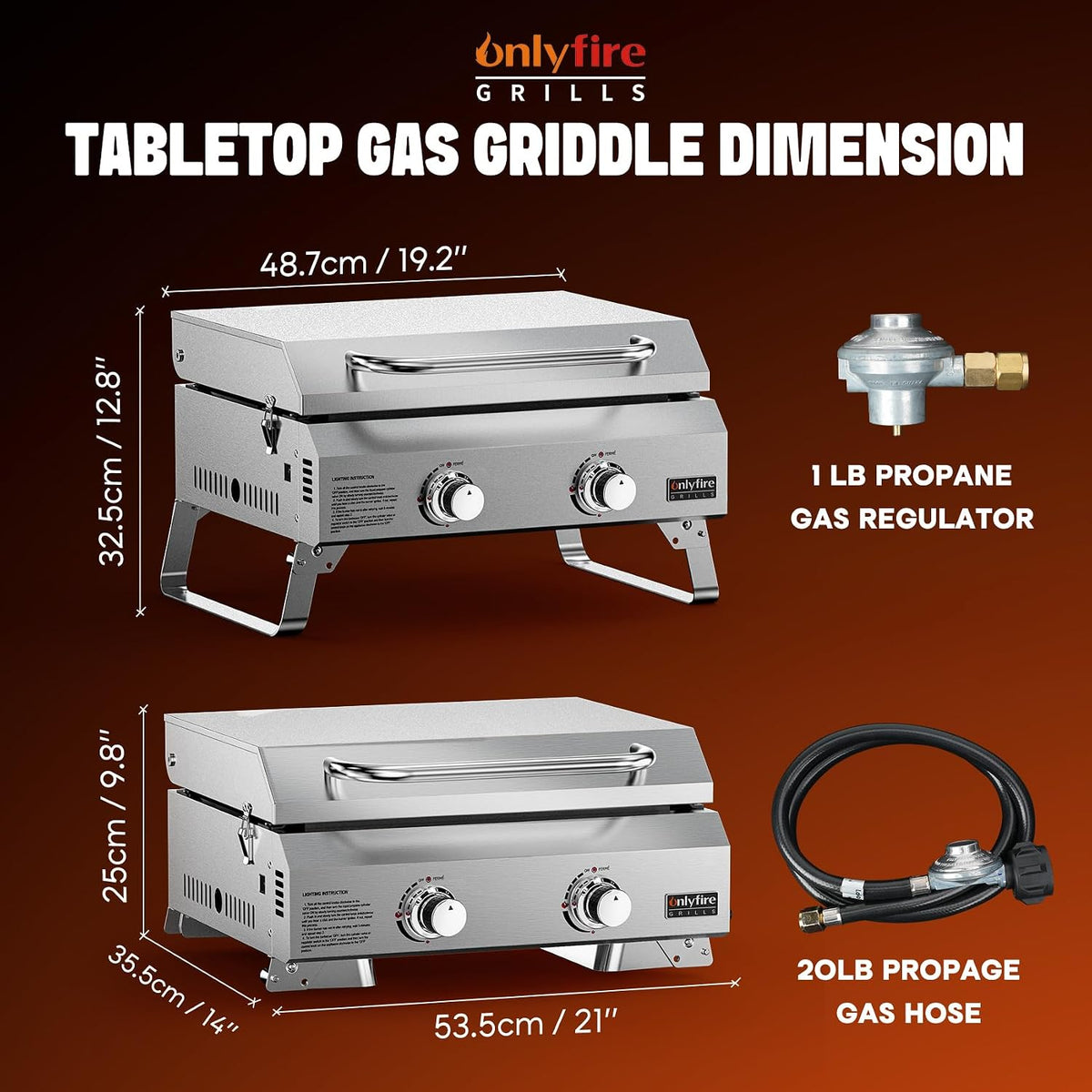 2-Burner Portable Tabletop Gas Griddle with Foldable Legs & Propane Hose