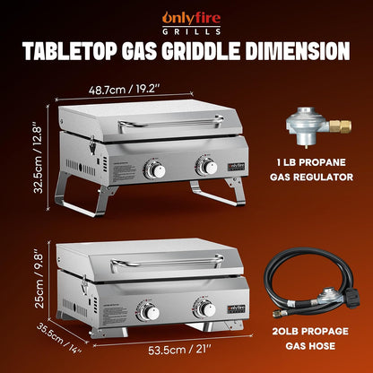 2-Burner Portable Tabletop Gas Griddle with Foldable Legs & Propane Hose