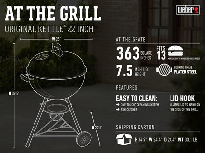 22" Heavy-Duty Charcoal BBQ Kettle Grill with 363 Sq. In. Cooking Area - Black