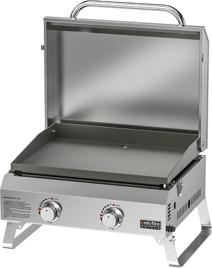 2-Burner Portable Tabletop Gas Griddle with Foldable Legs & Propane Hose