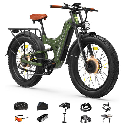 26" Dual Motor Electric Fat Tyre Mountain Bike 48V 30Ah Full Suspension AWD