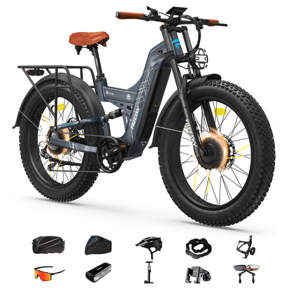 26" Dual Motor Electric Fat Tyre Mountain Bike 48V 30Ah Full Suspension AWD