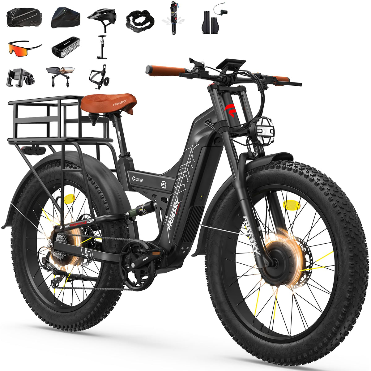 26" Dual Motor Electric Fat Tyre Mountain Bike 48V 30Ah Full Suspension AWD