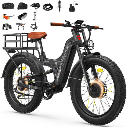 26" Dual Motor Electric Fat Tyre Mountain Bike 48V 30Ah Full Suspension AWD