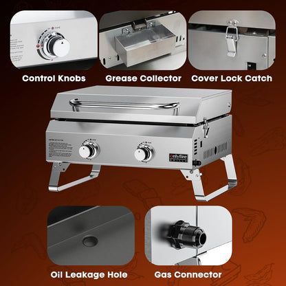 2-Burner Portable Tabletop Gas Griddle with Foldable Legs & Propane Hose
