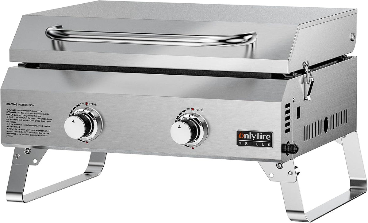 2-Burner Portable Tabletop Gas Griddle with Foldable Legs & Propane Hose