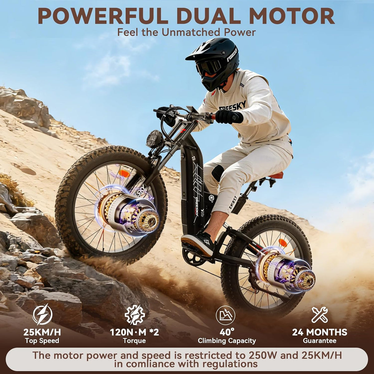 26" Dual Motor Electric Fat Tyre Mountain Bike 48V 30Ah Full Suspension AWD