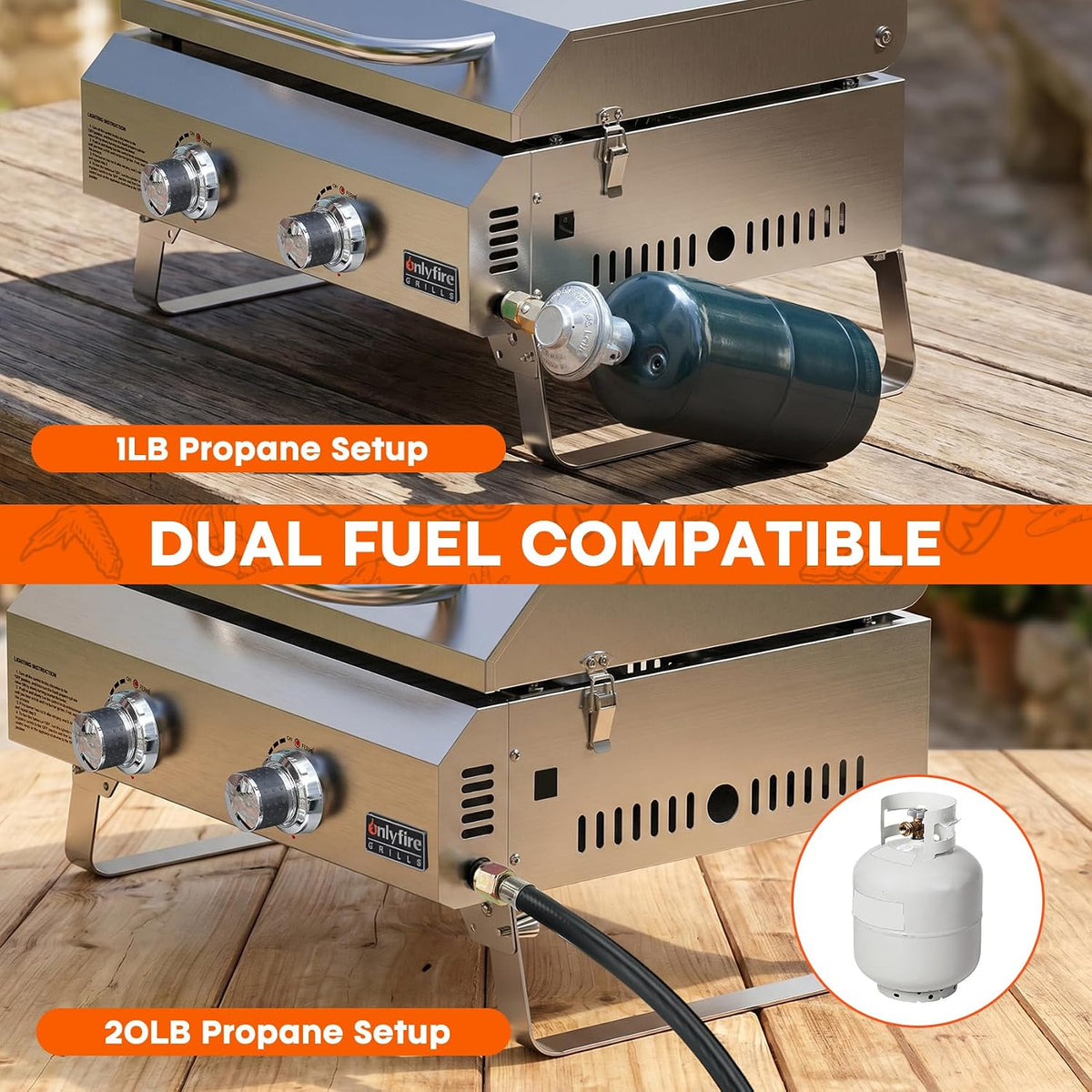 2-Burner Portable Tabletop Gas Griddle with Foldable Legs & Propane Hose