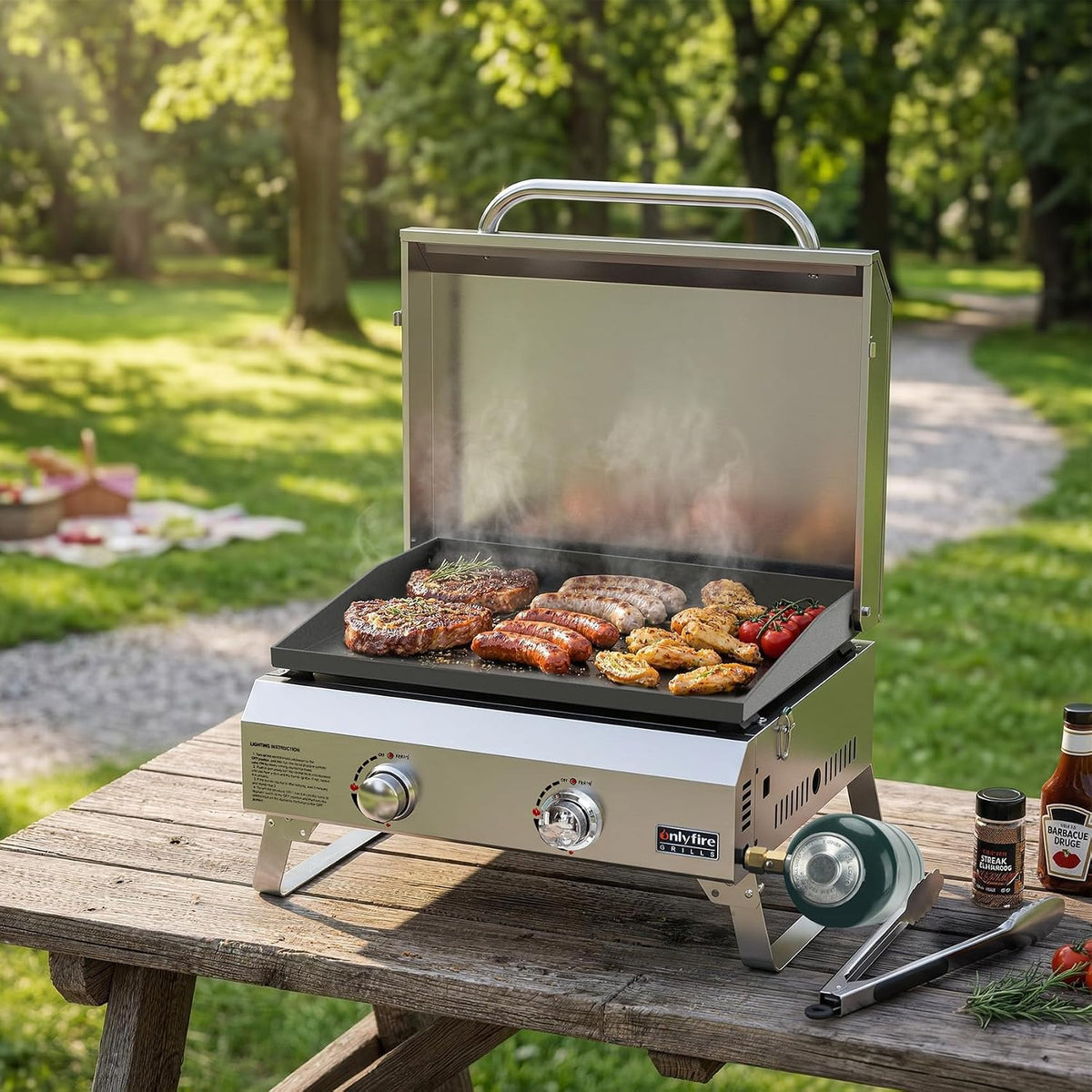2-Burner Portable Tabletop Gas Griddle with Foldable Legs & Propane Hose