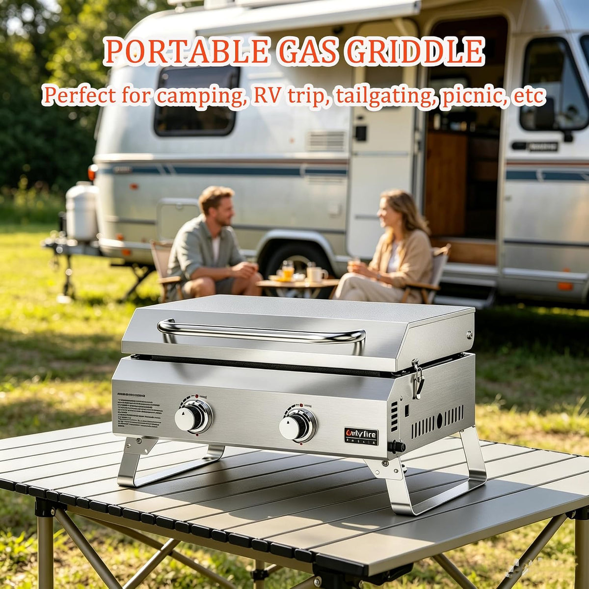 2-Burner Portable Tabletop Gas Griddle with Foldable Legs & Propane Hose