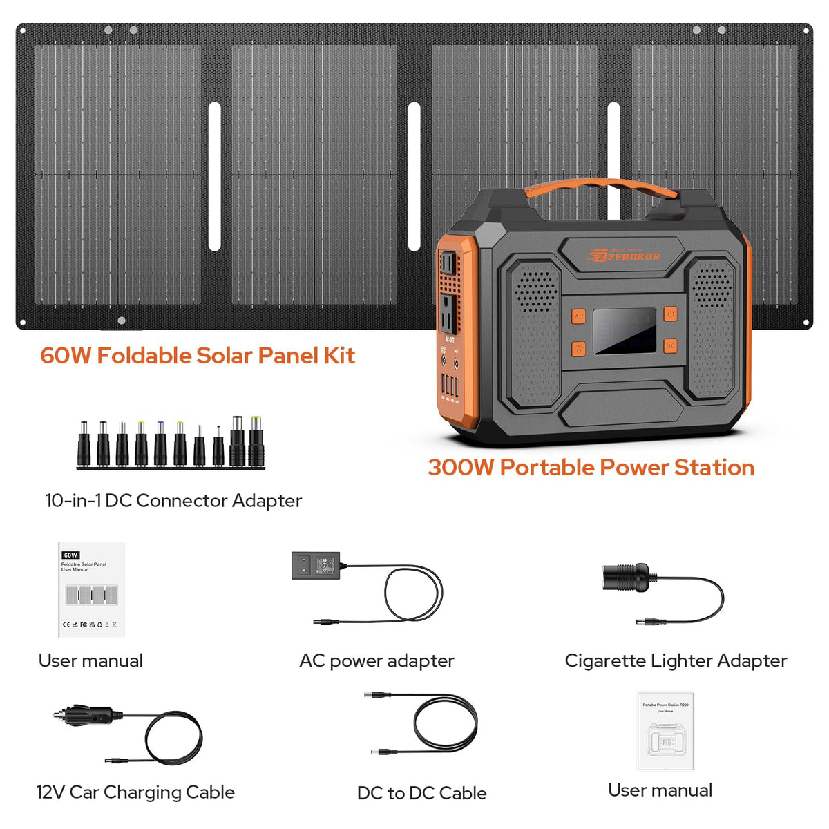 300W Portable Power Station with 60W Foldable Solar Panel