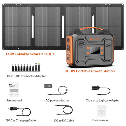 300W Portable Power Station with 60W Foldable Solar Panel