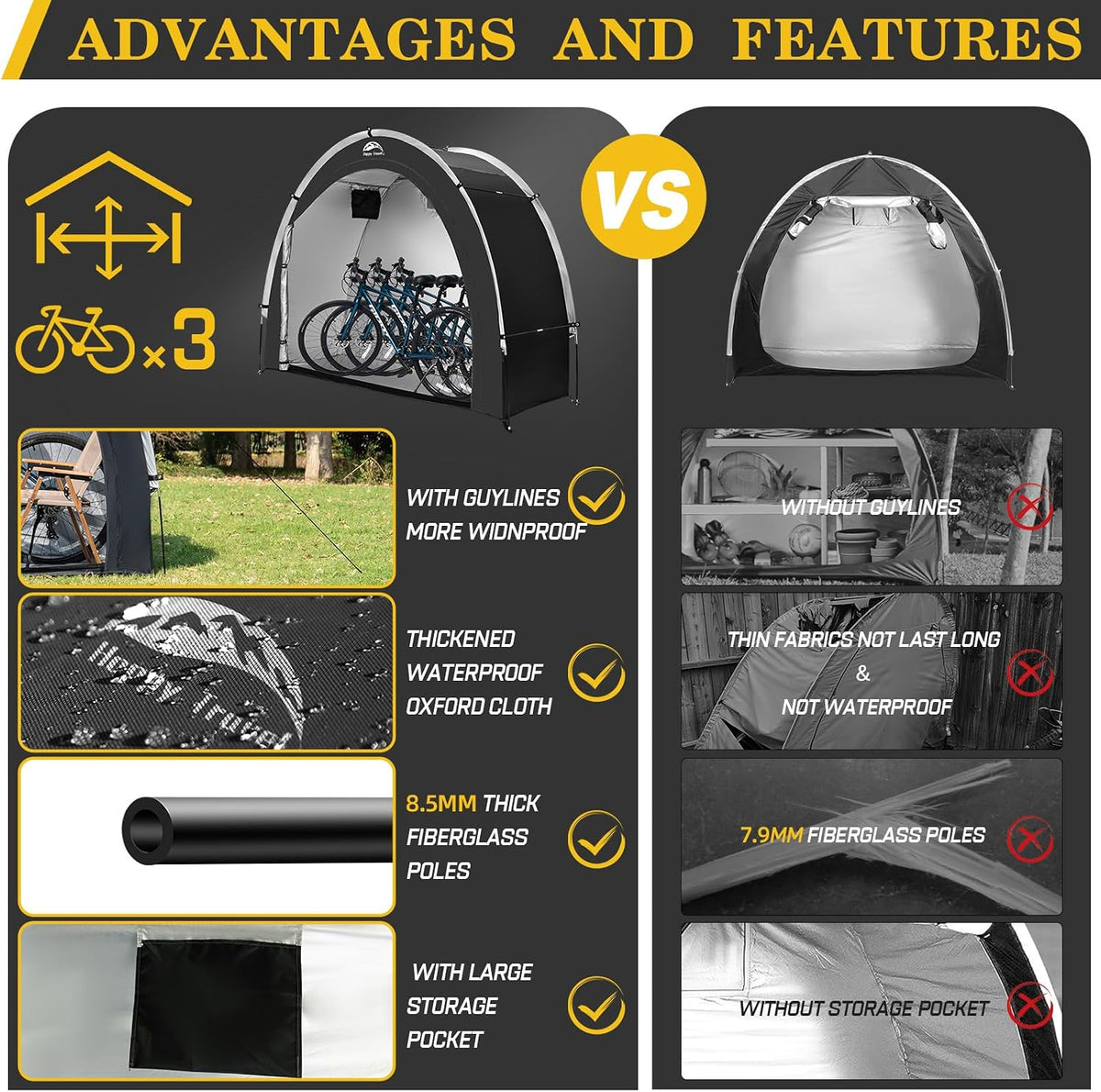 Heavy-Duty Waterproof Outdoor Bike Storage Tent – PU 4000mm Oxford Shed for 2-3 Bicycles, Black