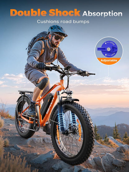 26" Electric Fat Tyre Mountain Bike 250W 48V 18Ah 7-Speed with Rear Rack