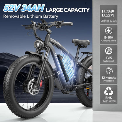 Electric Bicycle with Dual Assist, Removable 52V Battery, 7-Speed Gears, 24-Inch Fat Tires