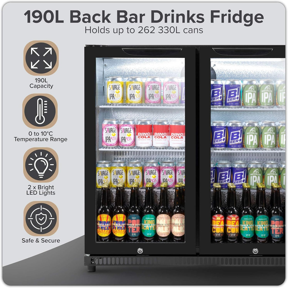 Back Bar Drinks Fridge with Hinged Double Door, 190L Capacity DH272