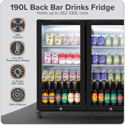 Back Bar Drinks Fridge with Hinged Double Door, 190L Capacity DH272