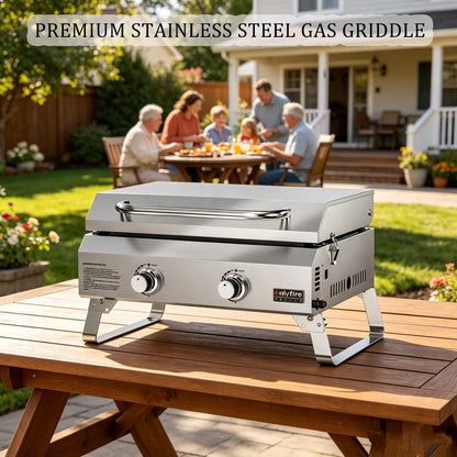 2-Burner Portable Tabletop Gas Griddle with Foldable Legs & Propane Hose