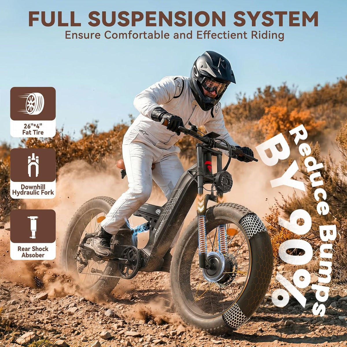 26" Dual Motor Electric Fat Tyre Mountain Bike 48V 30Ah Full Suspension AWD