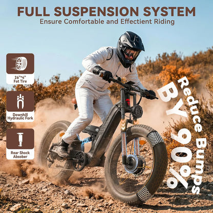26" Dual Motor Electric Fat Tyre Mountain Bike 48V 30Ah Full Suspension AWD