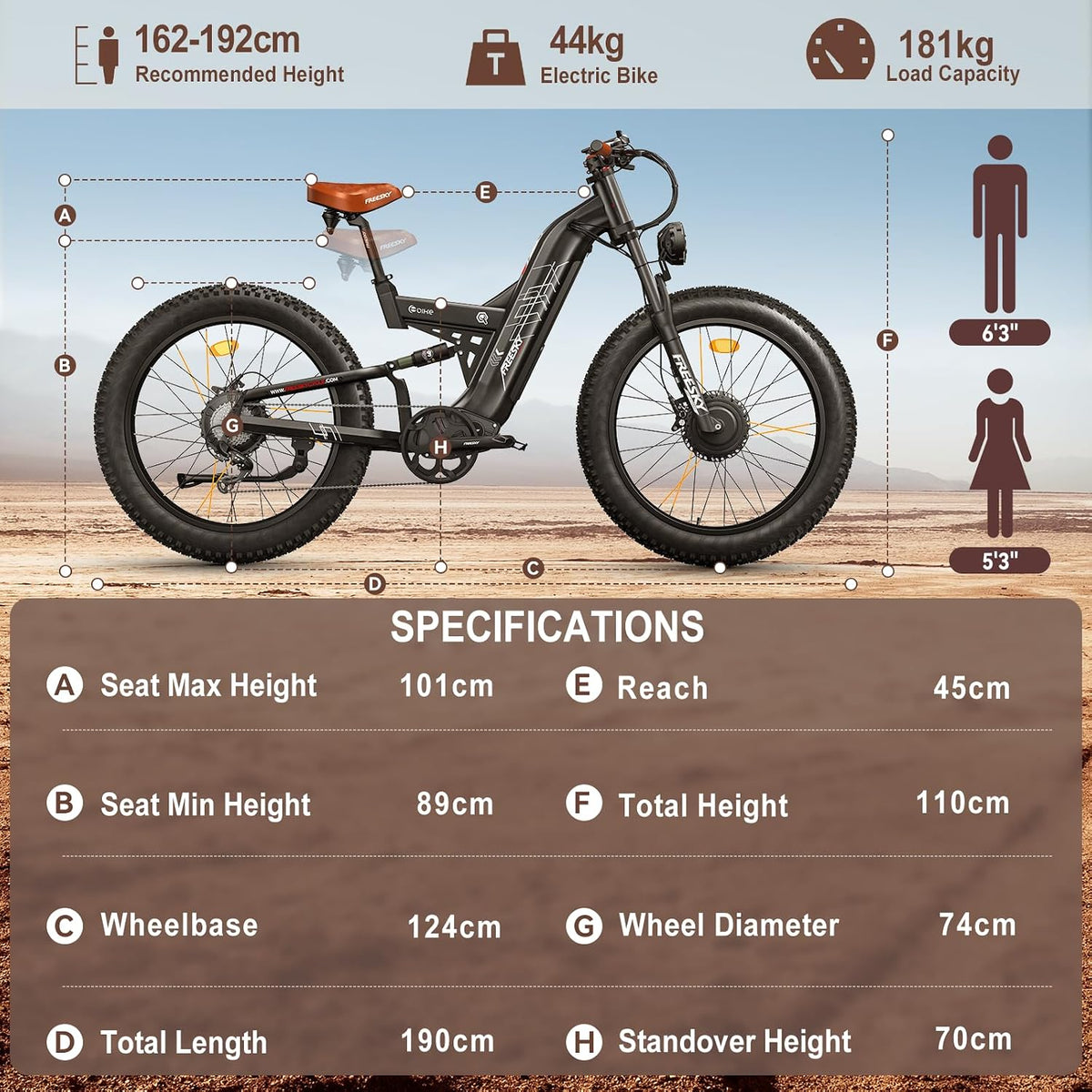 26" Dual Motor Electric Fat Tyre Mountain Bike 48V 30Ah Full Suspension AWD