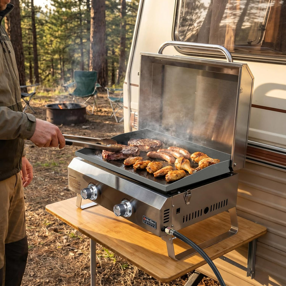 2-Burner Portable Tabletop Gas Griddle with Foldable Legs & Propane Hose