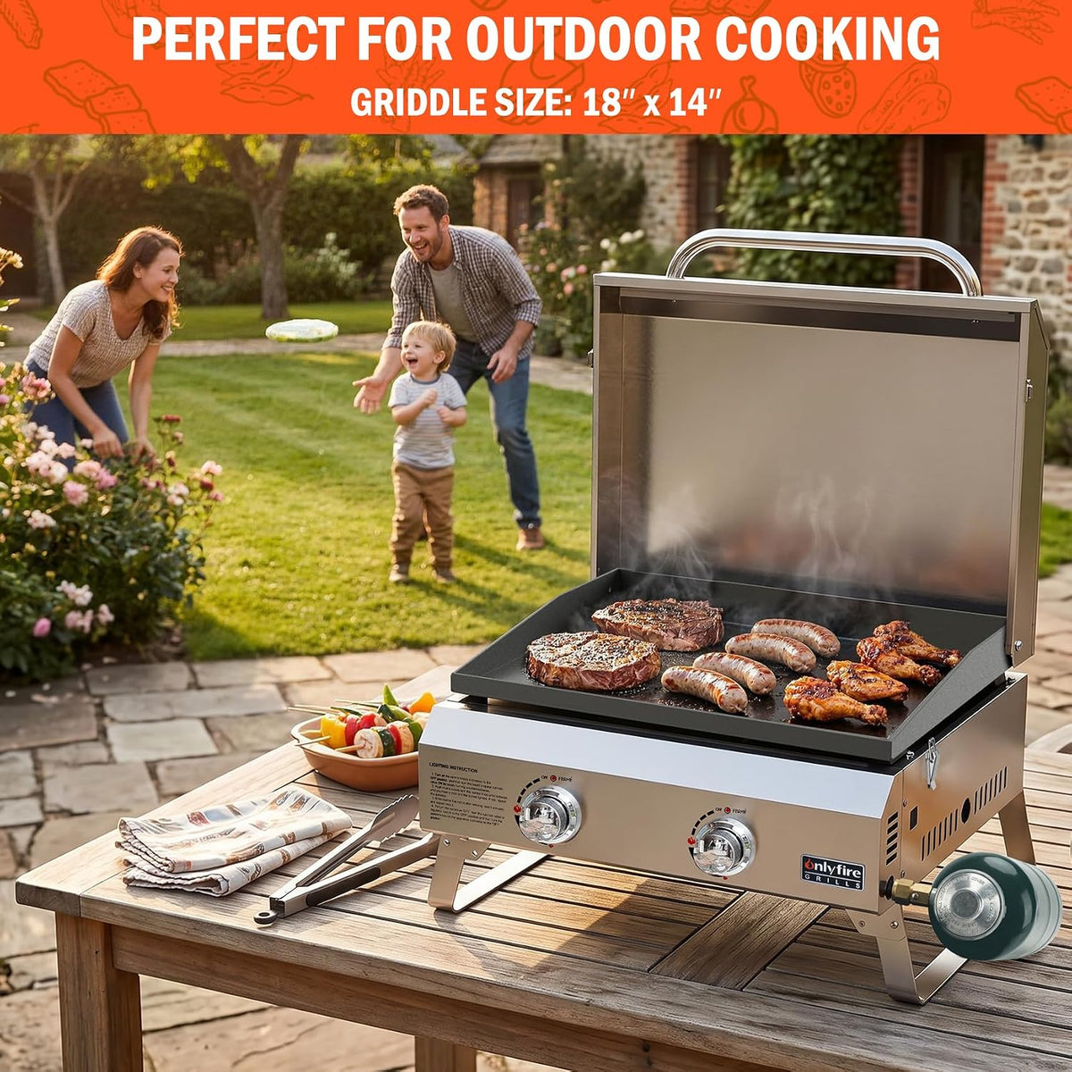 2-Burner Portable Tabletop Gas Griddle with Foldable Legs & Propane Hose