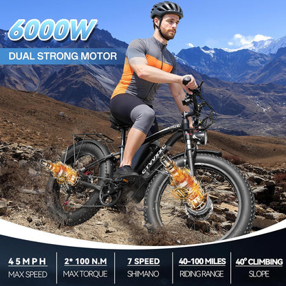 Electric Bicycle with Dual Assist, Removable 52V Battery, 7-Speed Gears, 24-Inch Fat Tires