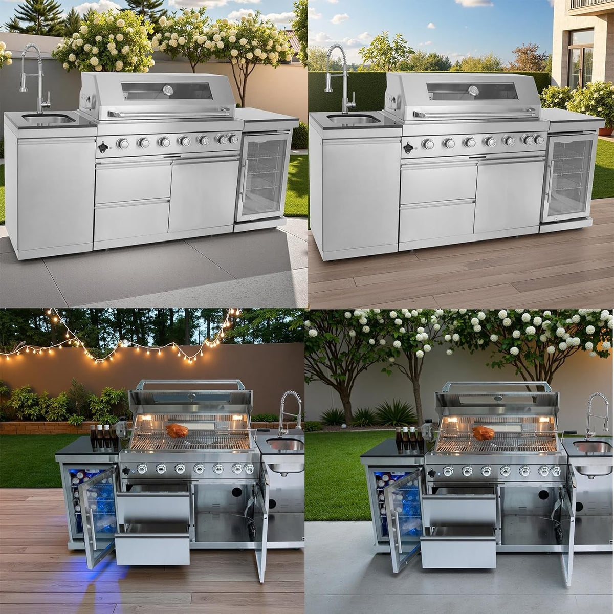 85-Inch Outdoor Kitchen Island with 6-Burner Grill, Wine Cooler & Granite Top