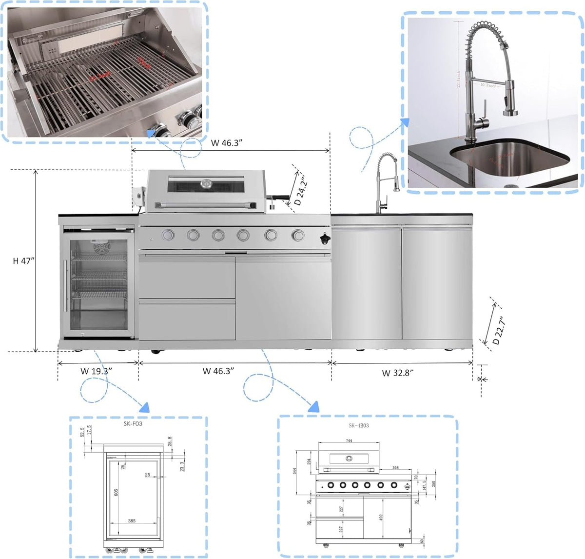 98-Inch Natural Gas Outdoor Kitchen Island with Grill, Refrigerator & Sink