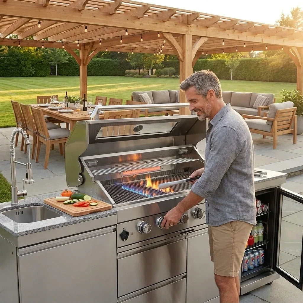 85-Inch Outdoor Kitchen Island with 6-Burner Grill, Wine Cooler & Granite Top