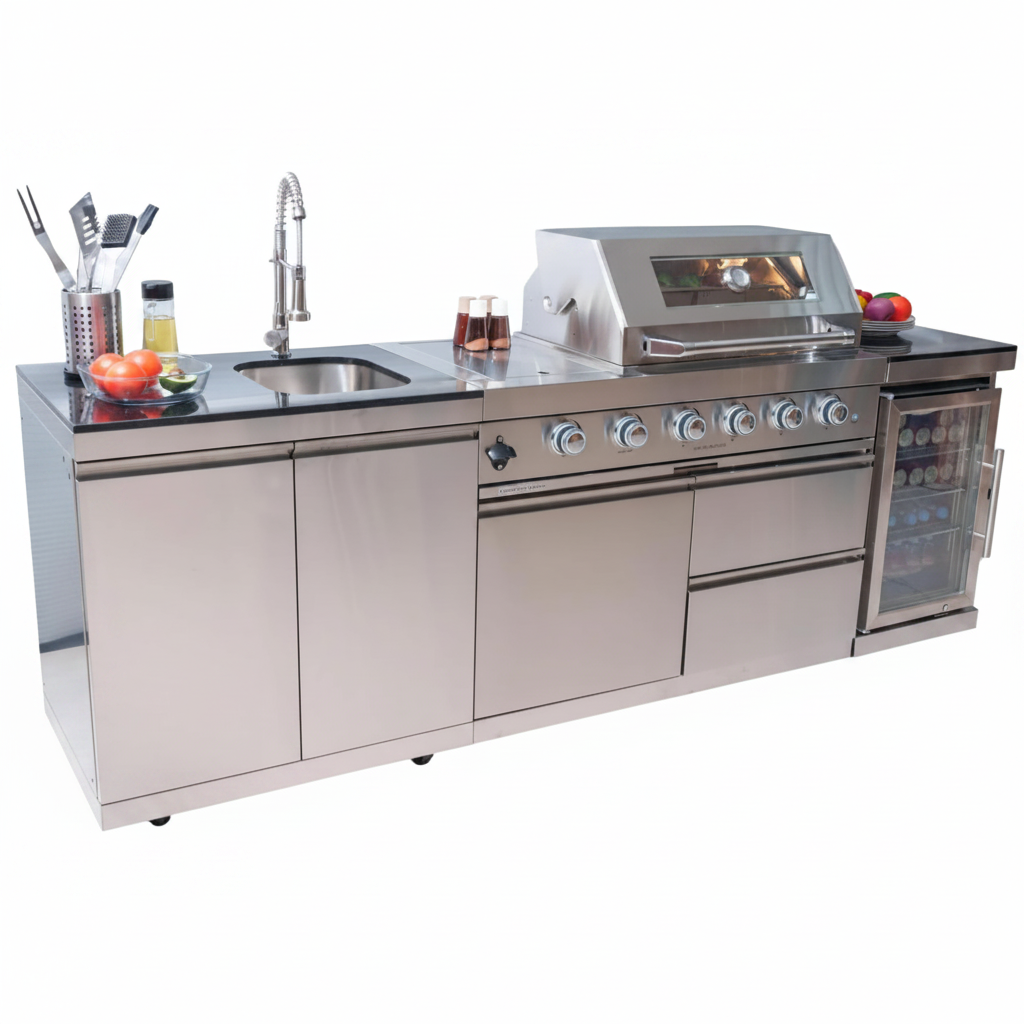98-Inch Natural Gas Outdoor Kitchen Island with Grill, Refrigerator & Sink